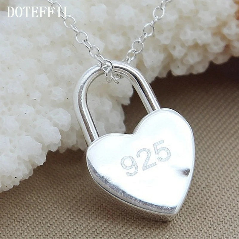 DOTEFFIL 925 Sterling Silver Square/Heart Lock Pendant Necklace With Original Logo 16-30 inch Chain For Women Wedding Engagement