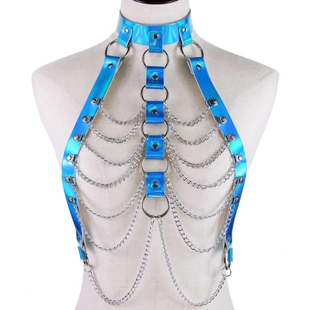 Holographic Leather  Body Chain Harness Top Punk  Women Holo Rainbow  Waist  Jewelry  Festival Rave Outfit