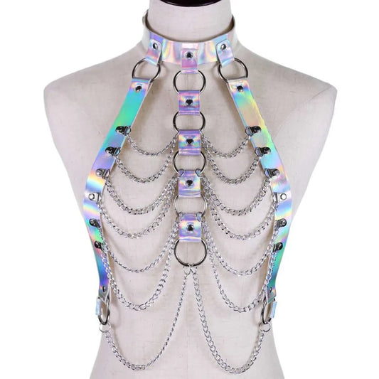 Holographic Leather  Body Chain Harness Top Punk  Women Holo Rainbow  Waist  Jewelry  Festival Rave Outfit