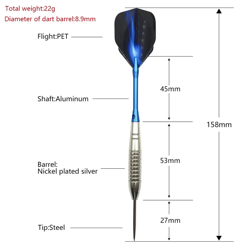 Yernea High-quality 3Pcs Steel Tip Darts 22g Standard Hard Darts Throwing Sports Games Blue Aluminum Shafts Dart Flights