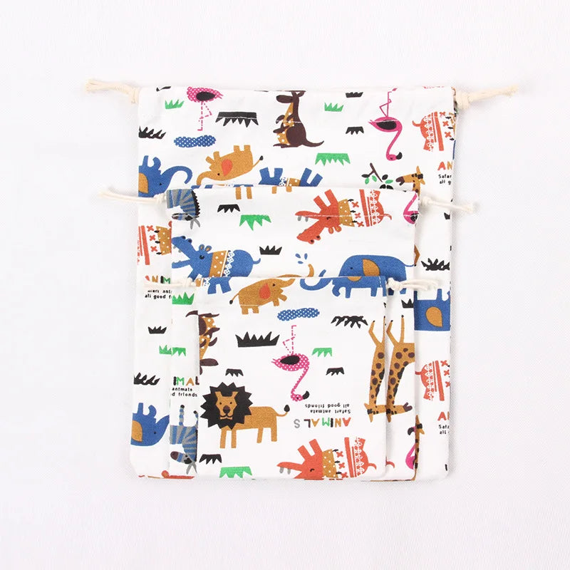 Drawstring Cartoon Animals Printed Storage Bags Organizer Cotton Linen Jewelry Cosmetic PouchBaby Clothing Kids toys Candy Bags