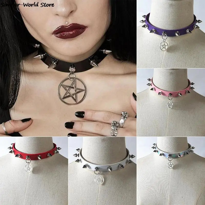 2021 Gothic O-Round Spike Choker Collar Women Harness Choker Necklace For Women Punk Leather Chocker Necklaces Gothic Jewelry