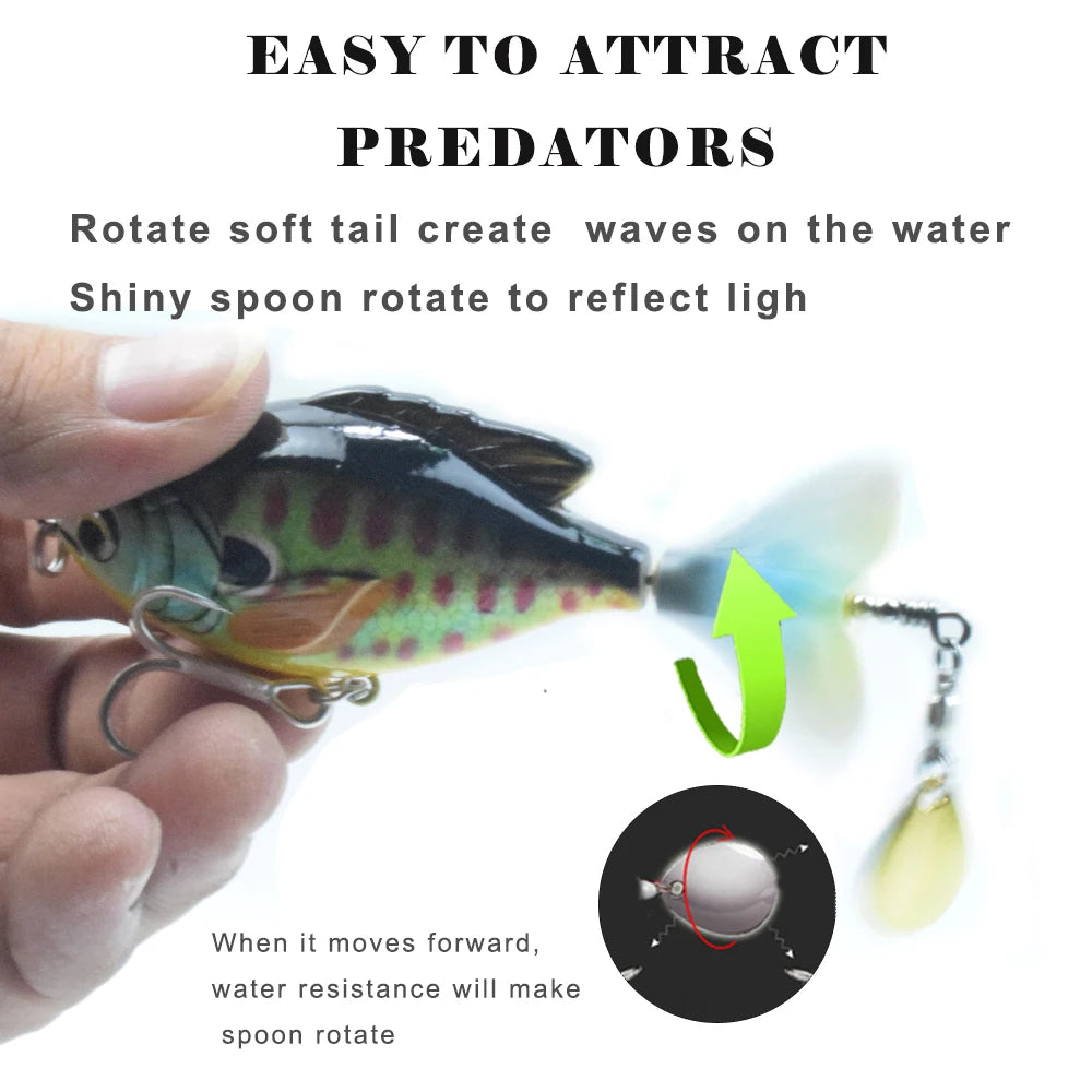 CCLTBA Rotate Tail Popper Lure 9.5cm 16.9g Topwater Wobble Fishing Lures Bass Fishing Tackle