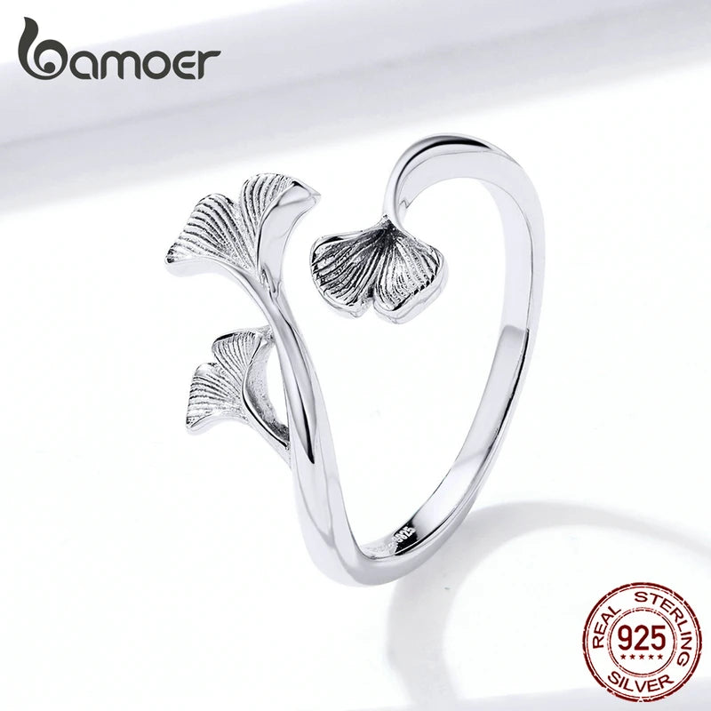 bamoer Silver 925 Design Ginkgo Leaf  Finger Rings for Women Vintage Bijoux 925 Sterling Silver Trendy Wedding Jewelry BSR097