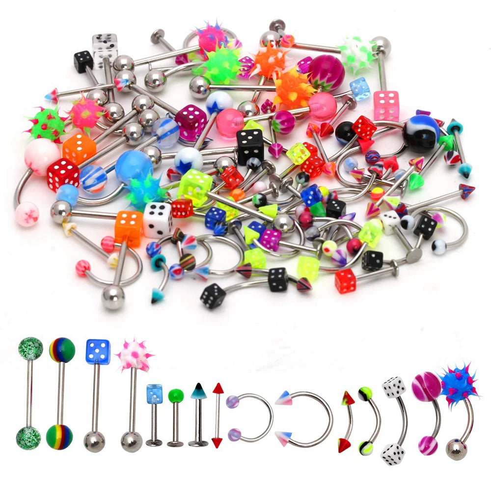 110pcs Body Jewelry Piercings Eyebrow Navel Belly Nipple Tongue Lip Bar Rings Steel Acrylic Set Jewelry Woman 14G 16G Random Mix