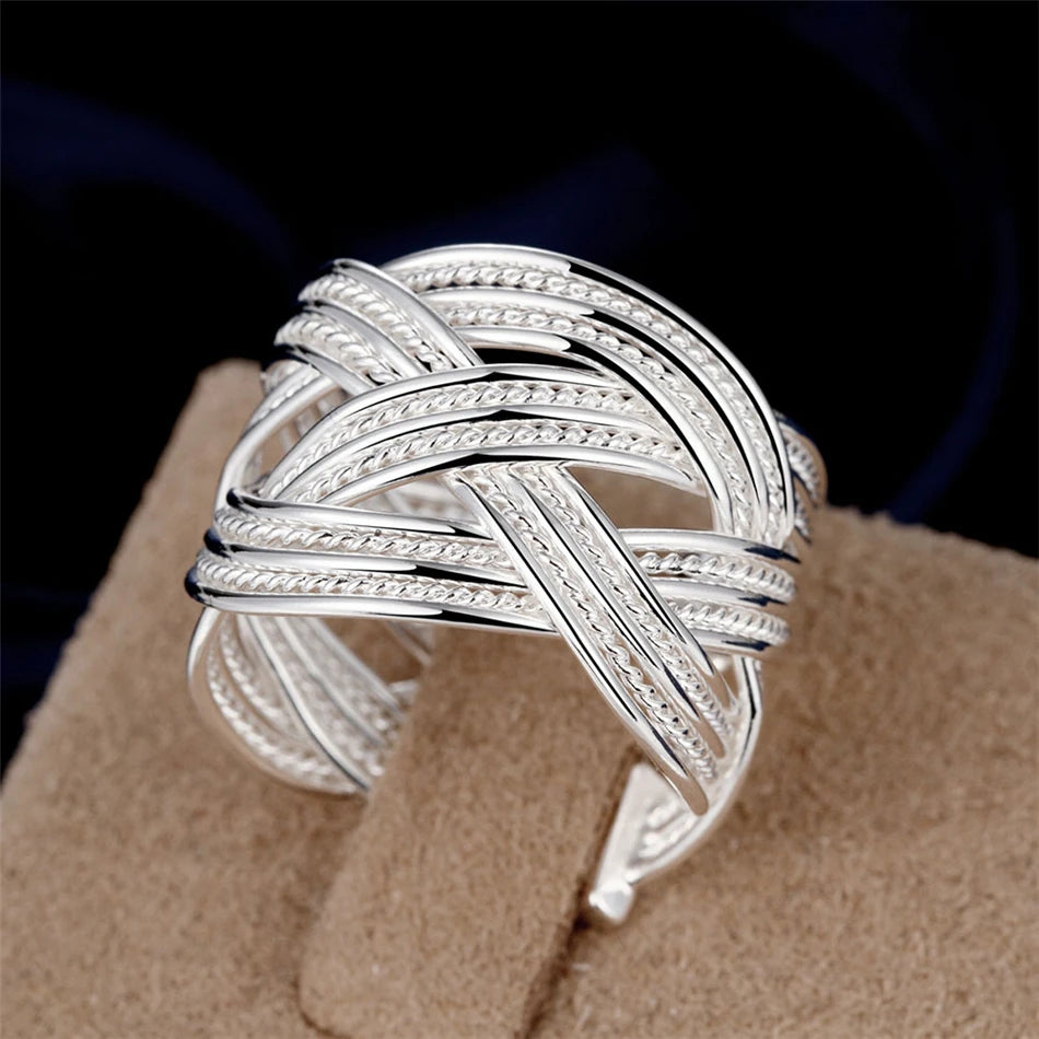 DOTEFFIL 925 Sterling Silver Interwoven Web Bangle Ring Set For Woman Wedding Engagement Party Fashion Charm Jewelry