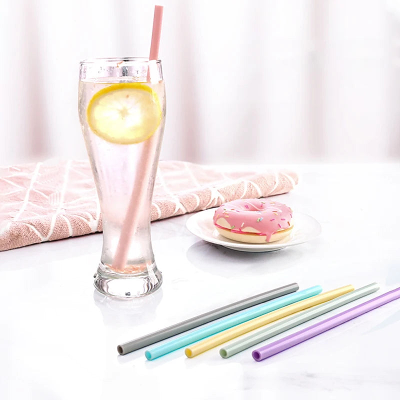 Reusable Silicone Drinking Straws , Big Size Flexible Straws with Cleaning Brush for Toddlers & Kids- 6 Pieces(Colours may vary)