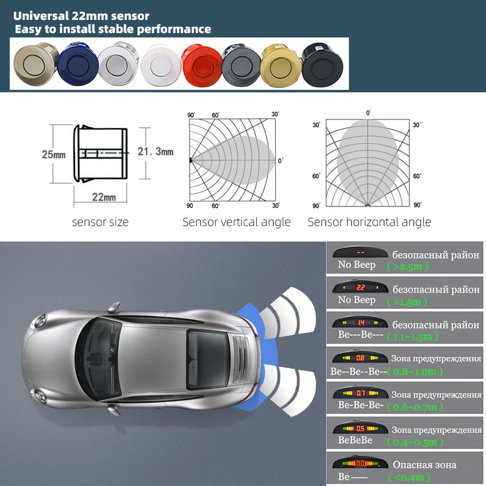 Car LED Parking Sensor Kit 4 Sensors 22mm Backlight Display Reverse Backup Radar Monitor System 12V 8 Colors