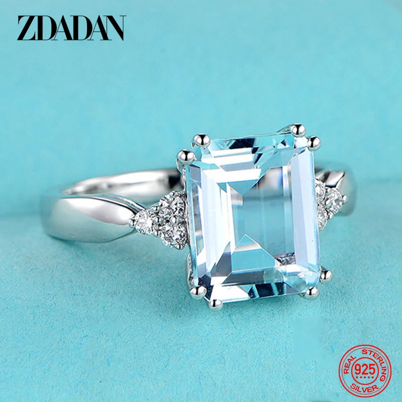 ZDADAN 925 Sterling Silver Fashion Aquamarine Gemstone Ring For Women Wedding Party Jewelry Gifts Wholesale