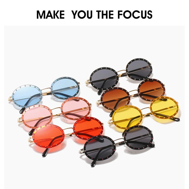 Punk Style Rhinestone Round Sunglasses For Women Girls Alloy Frame Decorative Sun Glasses Rock Hip-hop UV400