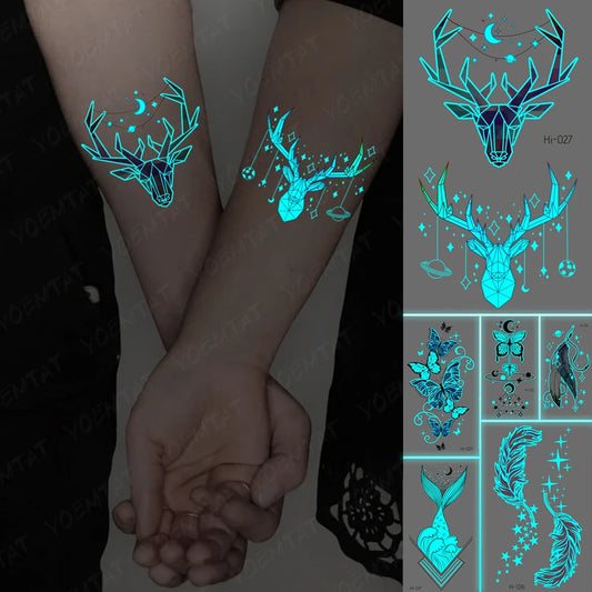 Wholesale Blue Luminous Glow Tattoo Sticker Deer Glowing Snake Waterproof Temporary Tatoo Wrist Fake Tatto For Body Art