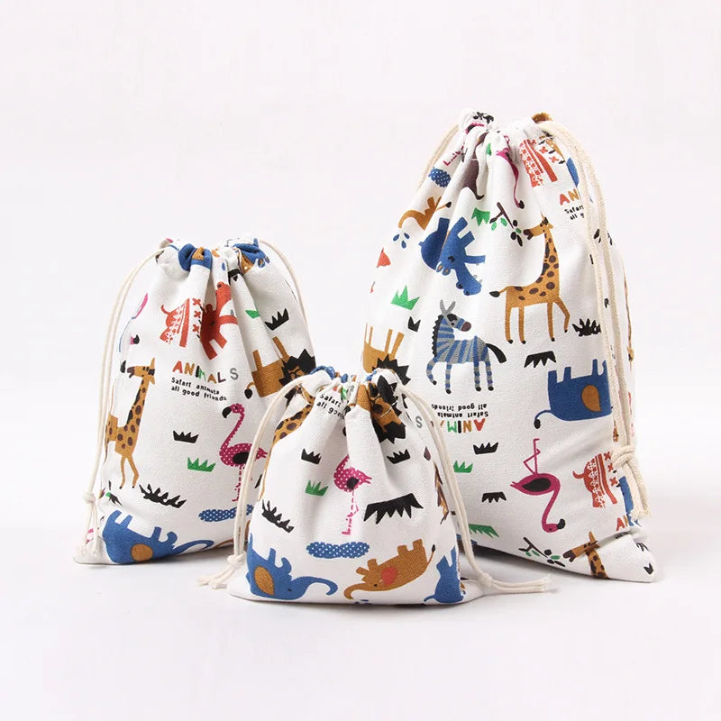 Drawstring Cartoon Animals Printed Storage Bags Organizer Cotton Linen Jewelry Cosmetic PouchBaby Clothing Kids toys Candy Bags