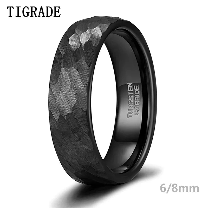 Tigrade 6mm 8mm Hammered Tungsten Wedding Rings for Men Women Black Brushed Mens Wedding Band Comfort Fit Size 6-15