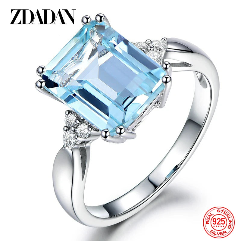 ZDADAN 925 Sterling Silver Fashion Aquamarine Gemstone Ring For Women Wedding Party Jewelry Gifts Wholesale