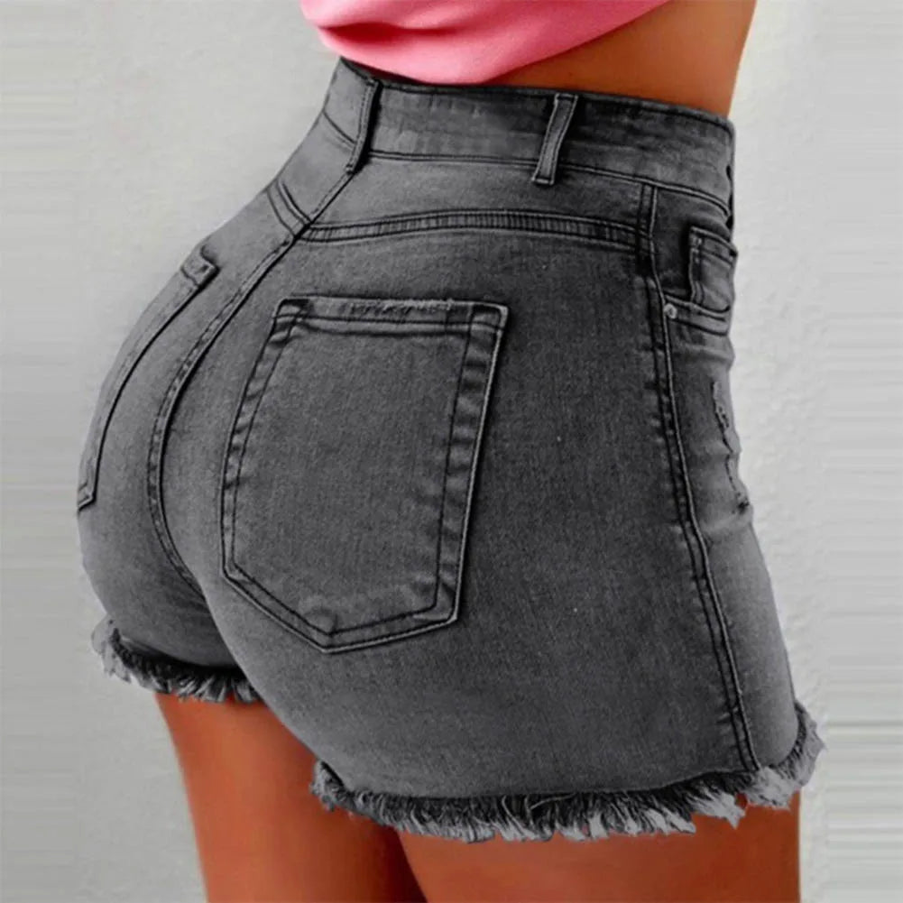 Women's denim shorts Summer Lady Clothing High Waist Denim Shorts Women's  Fringe Frayed Ripped Jeans Hot Shorts With Pockets