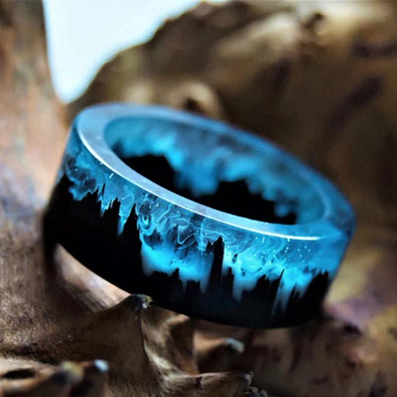 Blue Resin Ring Mountains Wooden Inside Magical World In A Tiny Landscape Ring for Women Men Jewelry Female Finger Punk Jewelry