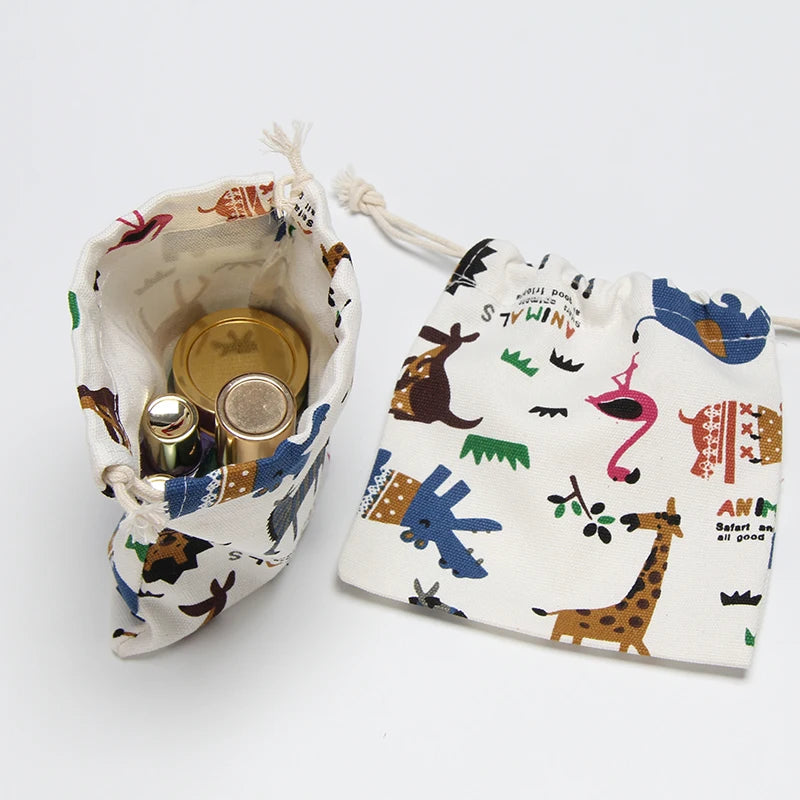 Drawstring Cartoon Animals Printed Storage Bags Organizer Cotton Linen Jewelry Cosmetic PouchBaby Clothing Kids toys Candy Bags