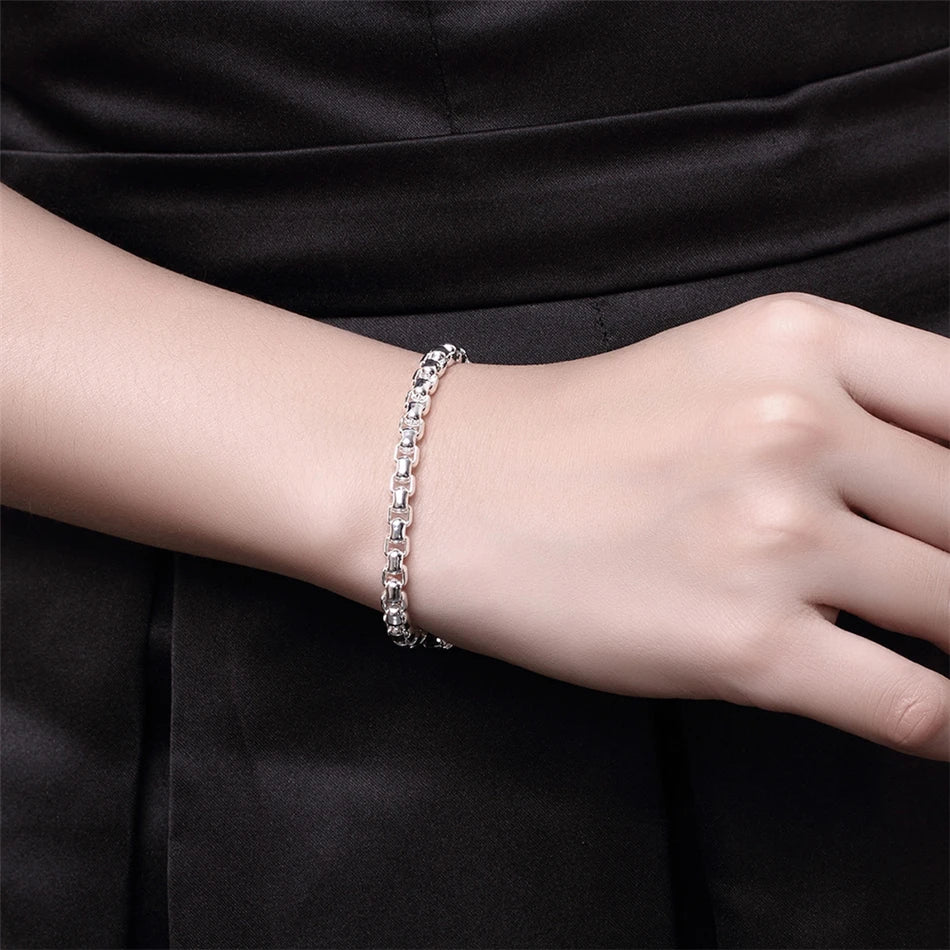 DOTEFFIL 925 Sterling Silver 24K Gold Round Box Chain Bracelet For Women Fashion Charm Wedding Engagement Party Jewelry