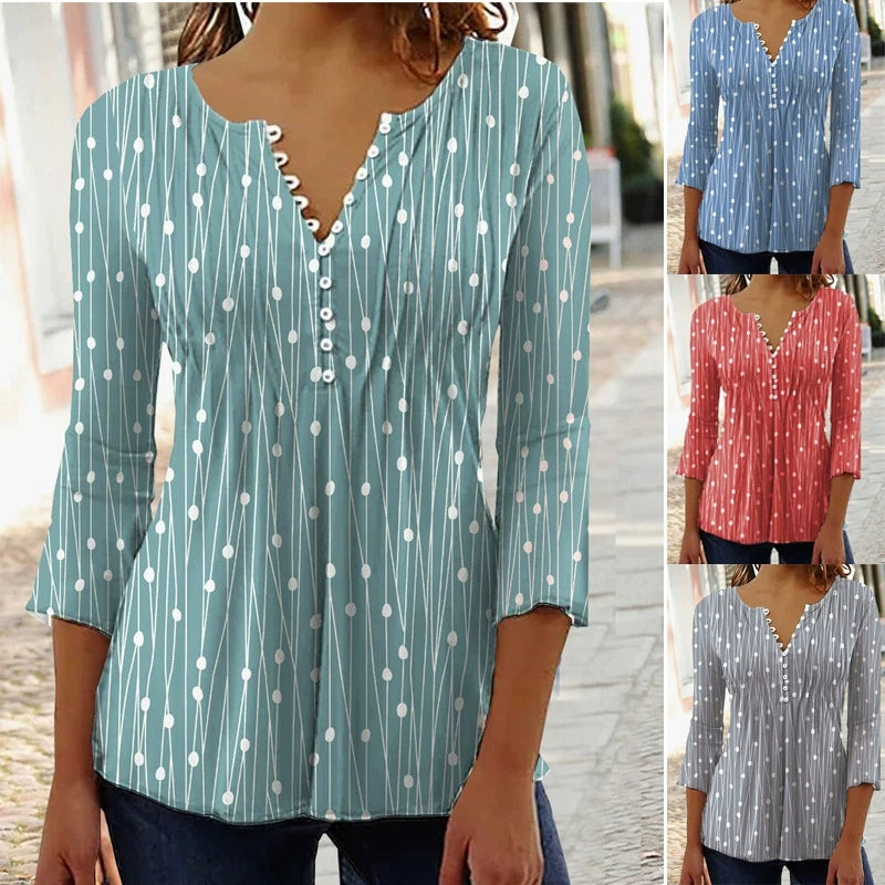 New V-neck Printed Long-sleeved Shirt Bottoming Shirt Woman