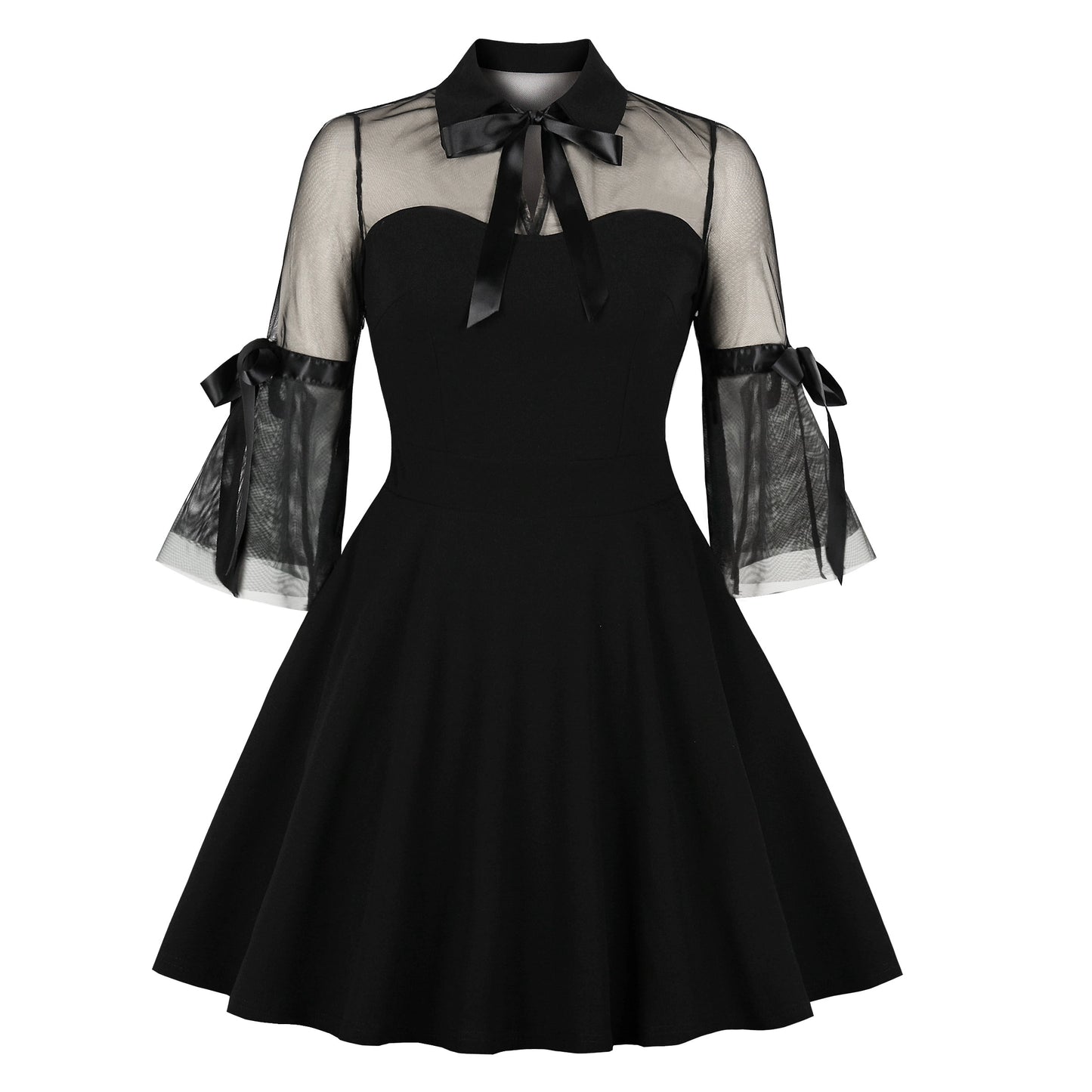 European and American Style Sexy Lace Fairy Plus Size Slim Looking Female Summer Retro Little Black Dress Swing Fitted Waist Turn-down Collar Niche Dress