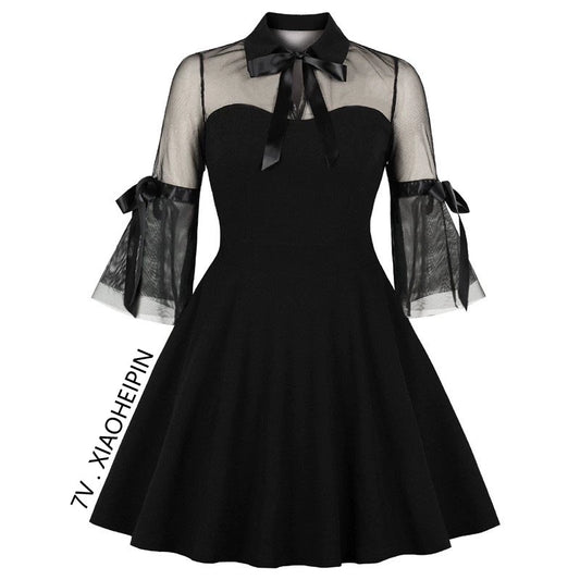 European and American Style Sexy Lace Fairy Plus Size Slim Looking Female Summer Retro Little Black Dress Swing Fitted Waist Turn-down Collar Niche Dress