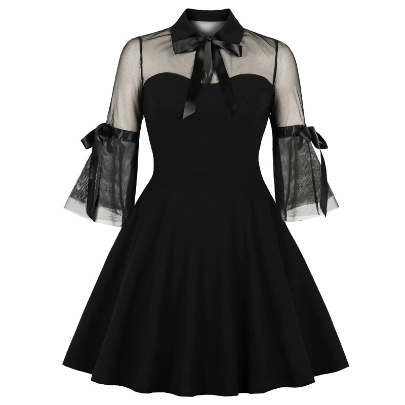 European and American Style Sexy Lace Fairy Plus Size Slim Looking Female Summer Retro Little Black Dress Swing Fitted Waist Turn-down Collar Niche Dress