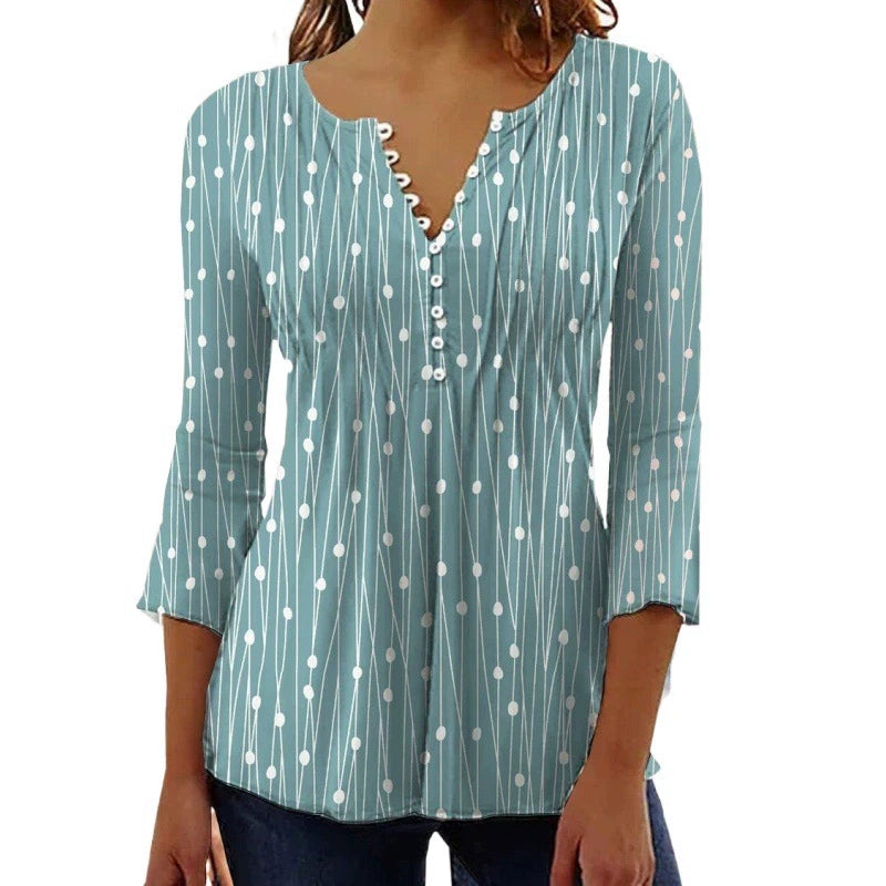 New V-neck Printed Long-sleeved Shirt Bottoming Shirt Woman