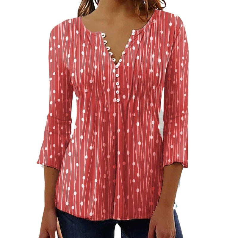 New V-neck Printed Long-sleeved Shirt Bottoming Shirt Woman