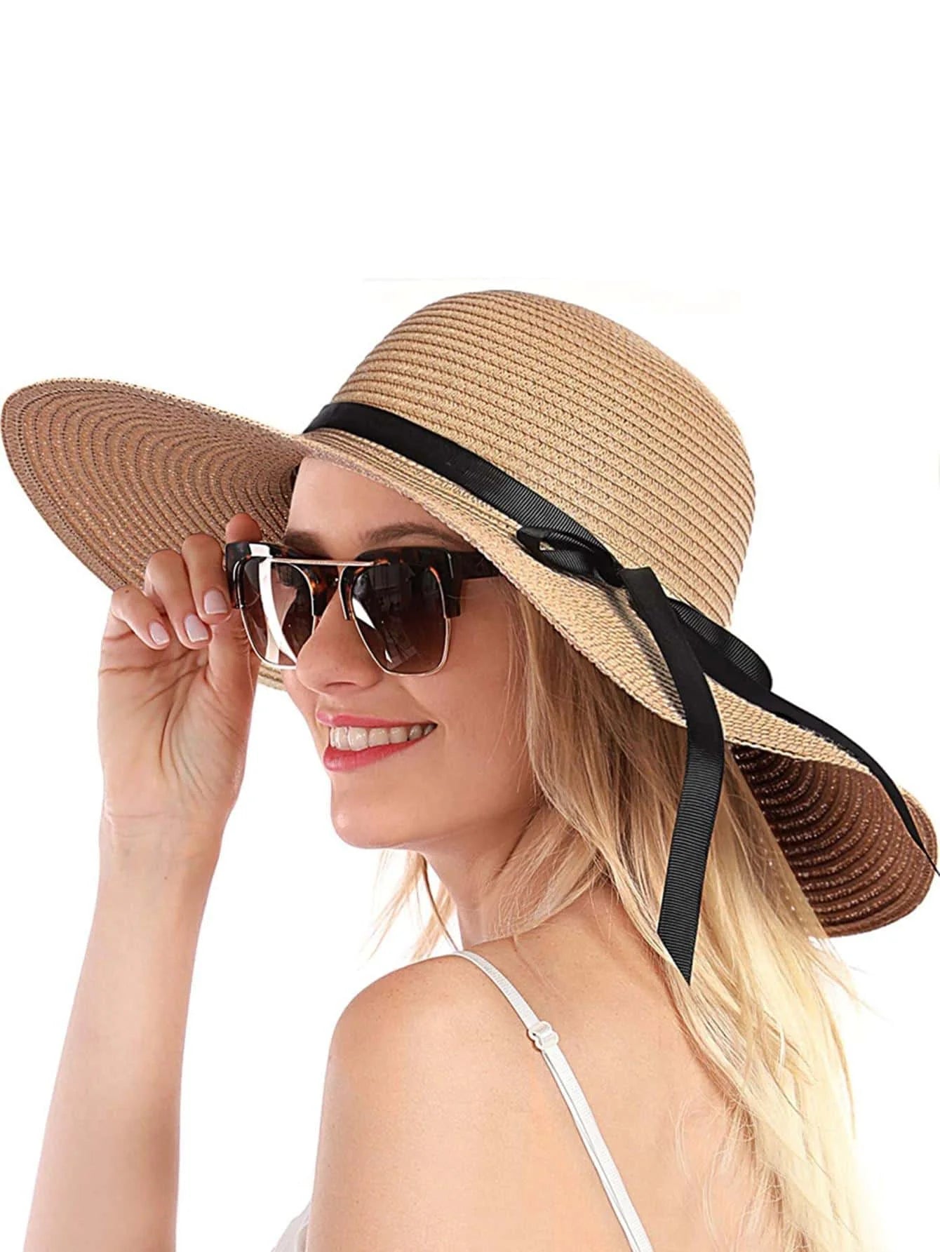 1pc Women Solid Bow Decor Wide Brim Sun Protection Straw Hat For Beach