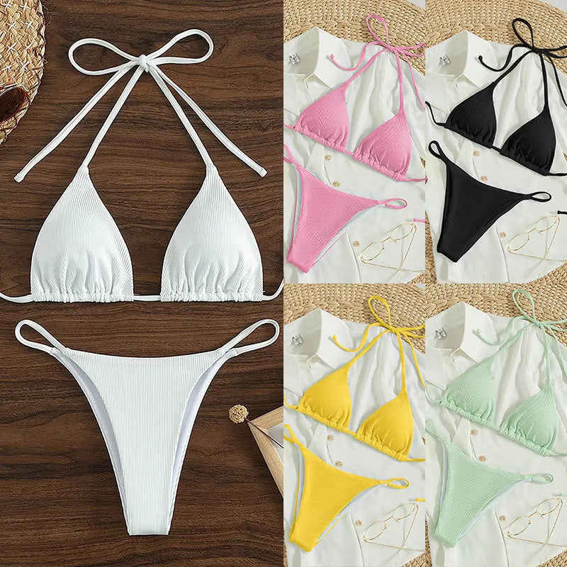 2024 Special Pit Stripe Fabric Bikini Set Women Sexy Simple Solid Halter Bikini Swimsuit High Waisted Lace Up Beach Bathing Suit