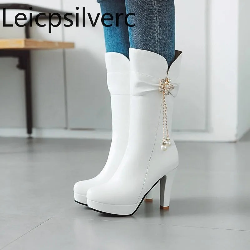 Autumn And Winter New fashion zipper Crystal Flower Thick heel High heel Middle tube Women's Boots high 10cm plus size 35-43