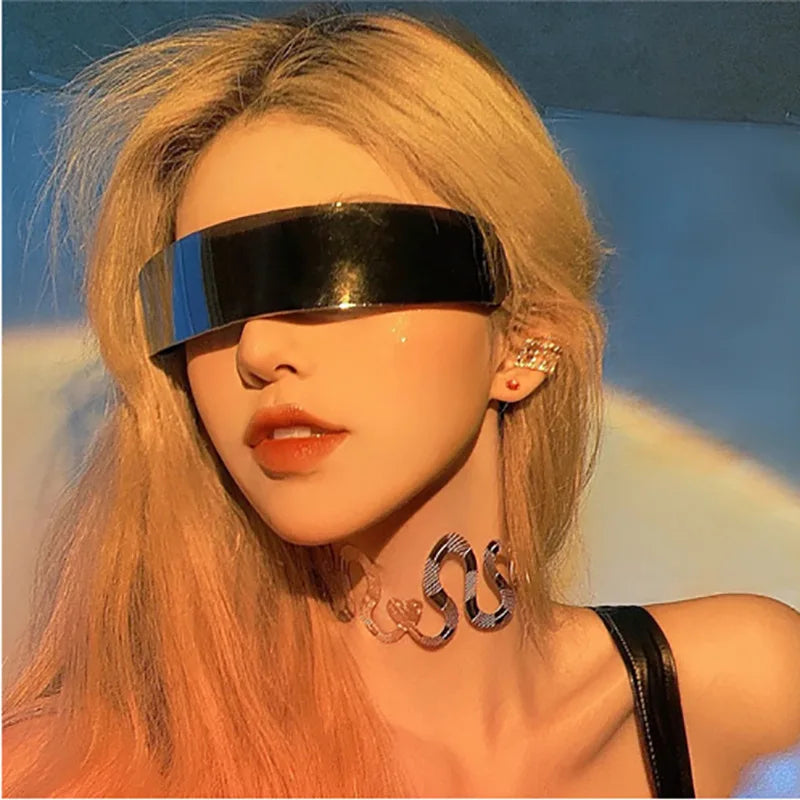 Cyberpunk Goggles Futuristic Party Glasses One Piece Wrap Around Silver Mirror Sunglasses Women Men Sunnies Shades Sun Glasses