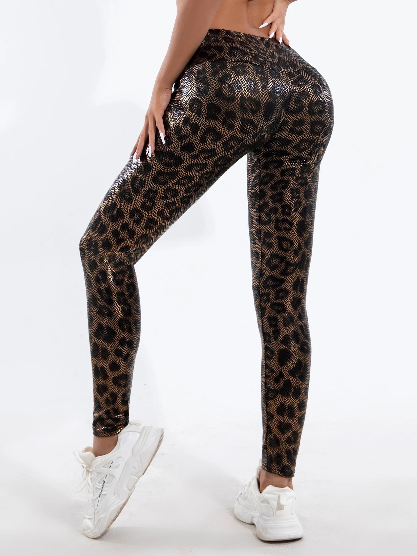 New fashion women high-waisted skin-tight gold leopard print leggings sexy slim nine-point pants High stretch yoga pants