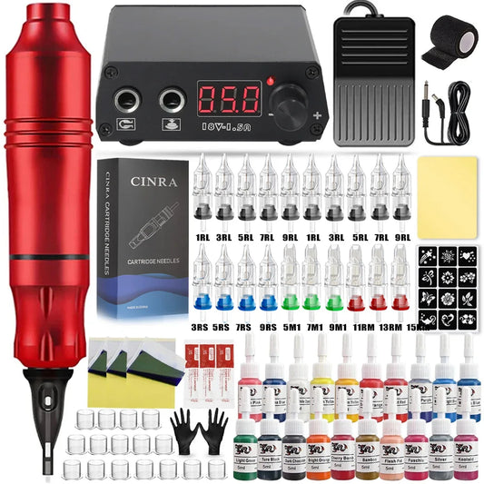 Beginner Tattoo Kit Professional Rotary Tattoo Pen Set Power Supply Cartridge Needle Ink DC Interface Makeup Gun Complete Kit