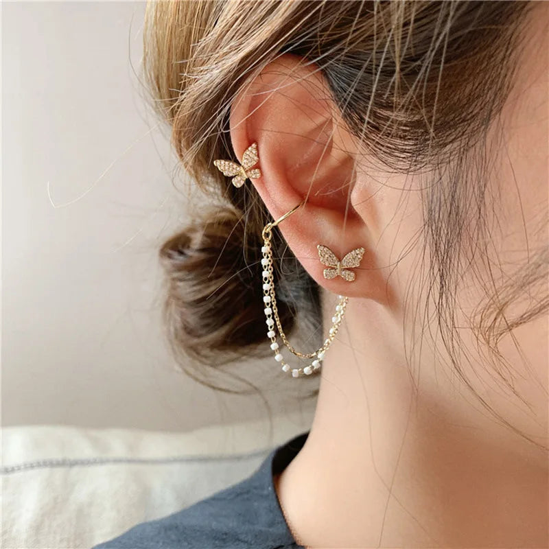 Butterfly Ear Studs Korean Fashion Earrings for Women Earclip Chain Tassel Earrings Women's Jewelry Birthday Party Gift