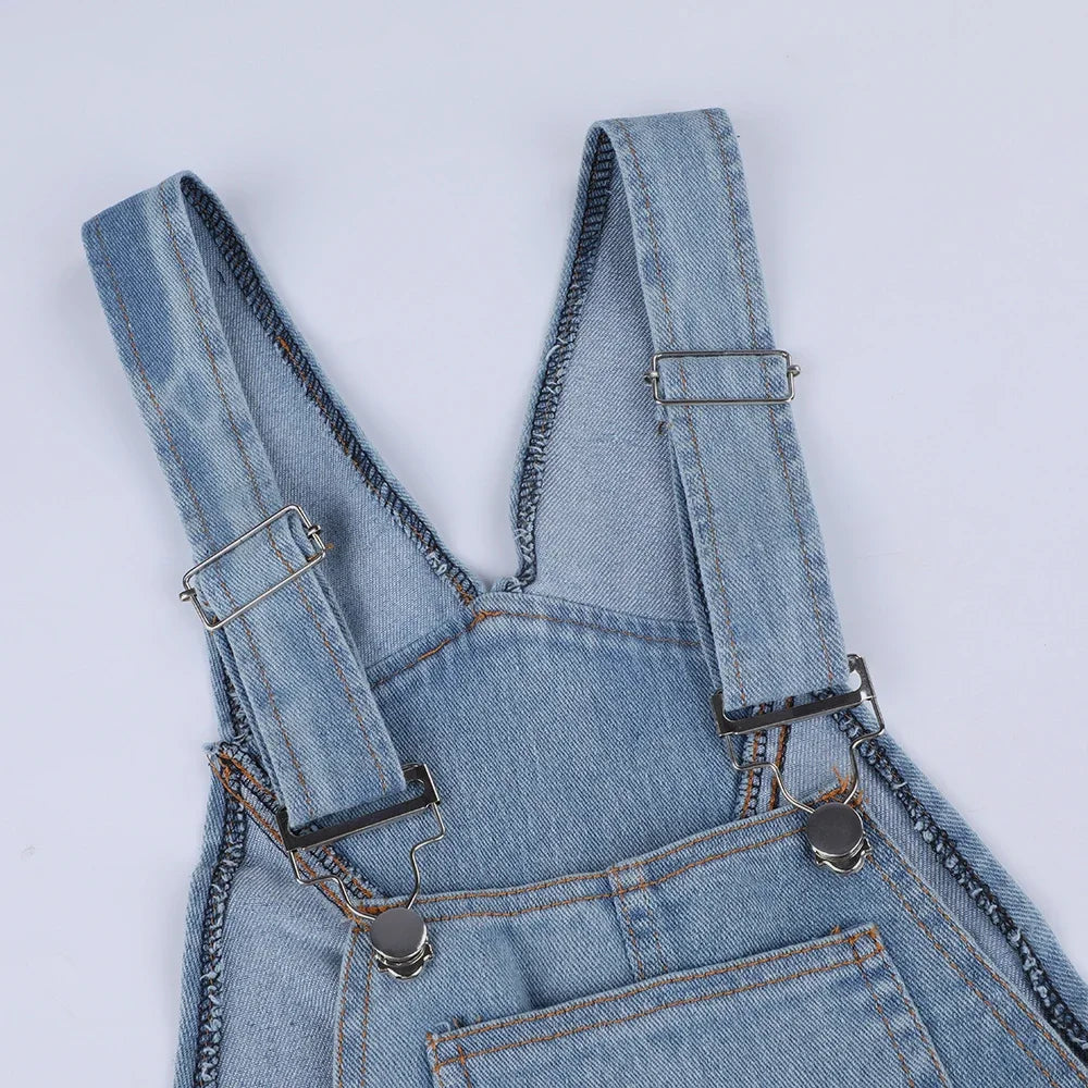 Blue Denim Overalls Jumpsuit Rompers Women Belted Hole Hollow Out E-girl Casual Work Pants Hot Y2k Jeans Long Pants Streetwear