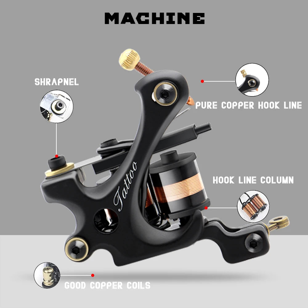 Coil Tattoo Machine Set Complete Tattoo Gun Kit with Tattoo Power Supply Needle Inks Makeup Kit for Tattoo Beginner