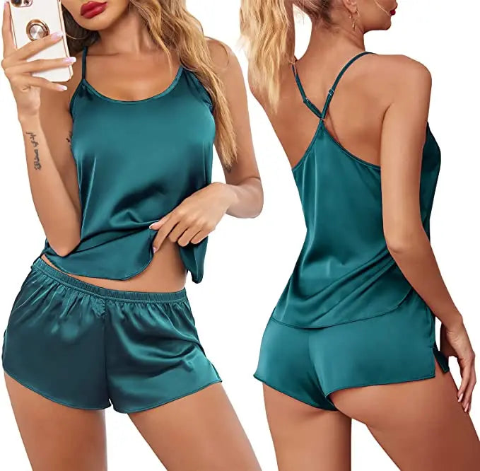 Women's Sleepwear Sexy Lace Satin Pajama Sets Nightwear Sleeveless Tops+Shorts 2 Pcs Sets Pyjama Sets For Women Pijama