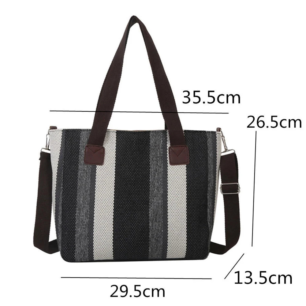 Women's Canvas Shoulder Bags Eco Reusable Striped Shopper Fashion Print Large Capacity Handbags Casual Simple Bag for Students