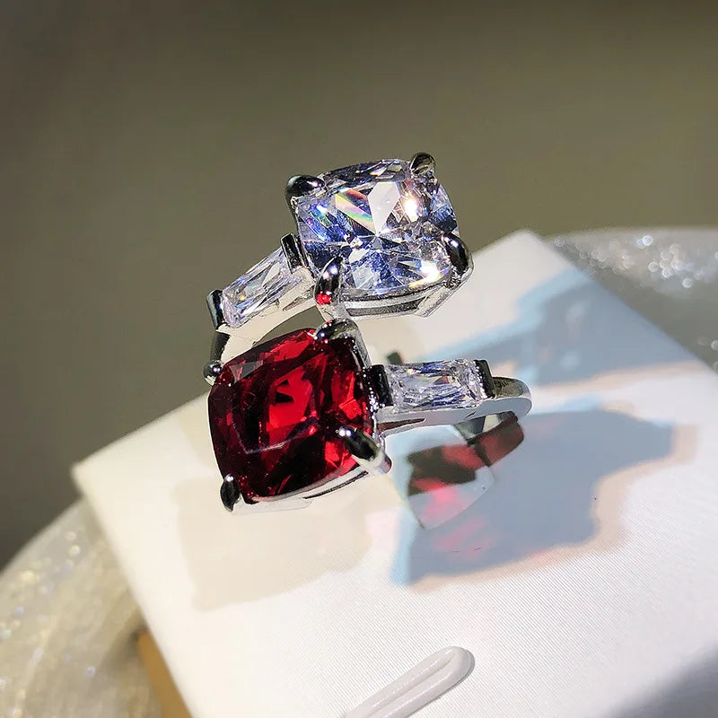 925 silver high-definition zircon ring elegant women's inlaid fire red ruby opening ring wedding party jewelry gift