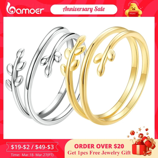 Bamoer 925 Sterling Silver Leaves Adjustable Ring Trendy Multilayer Leaf Open Ring for Women Fashion Jewelry Gift 2 Colors