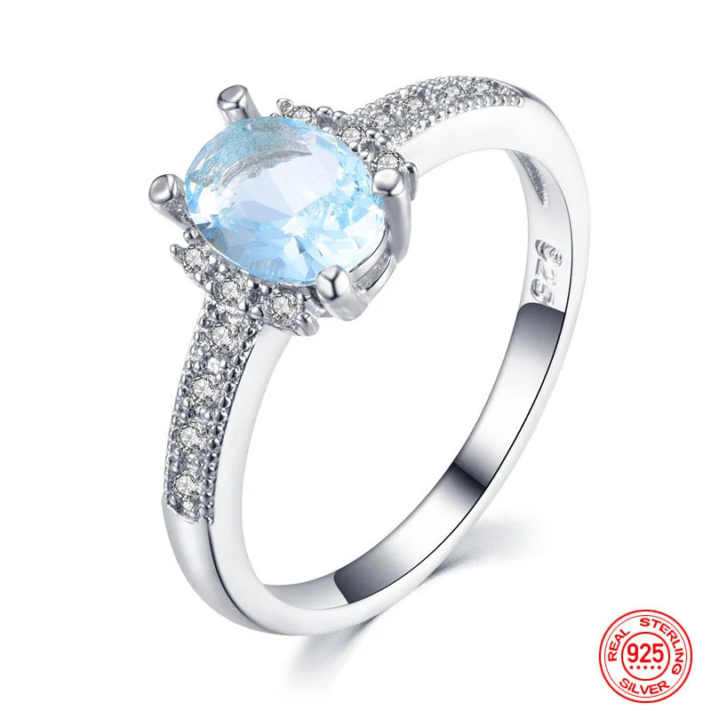 925 Sterling Silver Charm Aquamarine Ring For Women Fashion Wedding Jewelry Engagement Party Gift