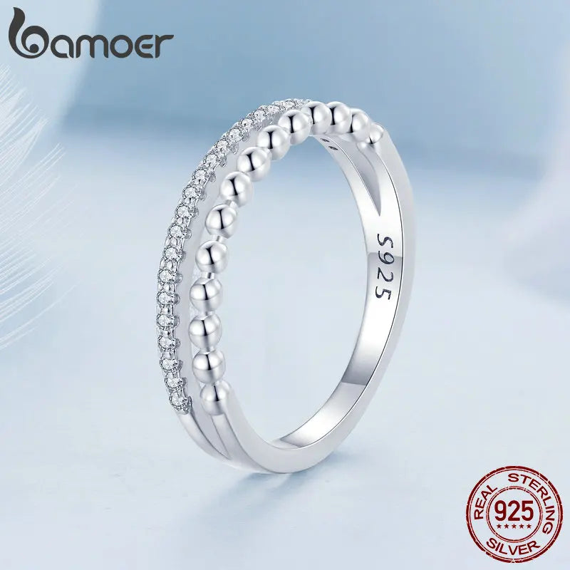 Bamoer 925 Sterling Silver Double Layer Ring Stackable Finger Ring for Women Engagement Band Fine Jewelry Gift