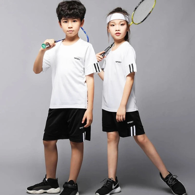 Children Boy & Girl Quick Dry Badminton Clothes Uniform Kid Tennis Jerseys Short Sleeve Tshirt Top and Shorts 2pcs Tracksuit