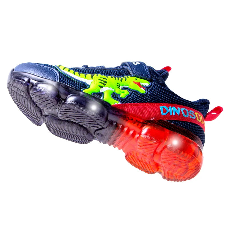 EXDINO T-REX LED 2-9Y Boys Spring Autumn Mesh Tennis Shoes Glowing Children's Kids Flashing Jelly Sole Light Up Casual Sneakers