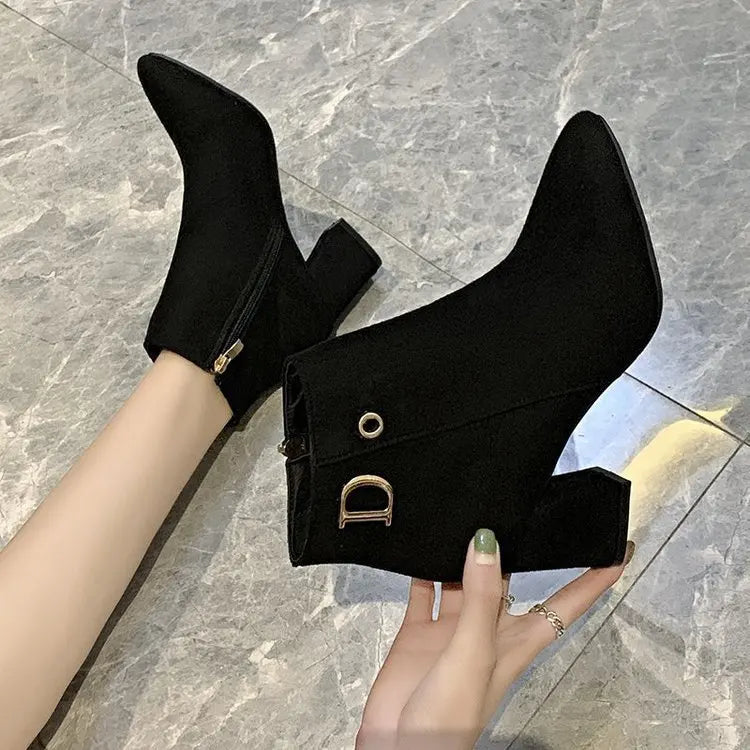 Women Ankle Boots Black Leather Fashion Ankle Boots Women Mid-heel Pointed Ladies Booties High Heel Short Wedding Boots