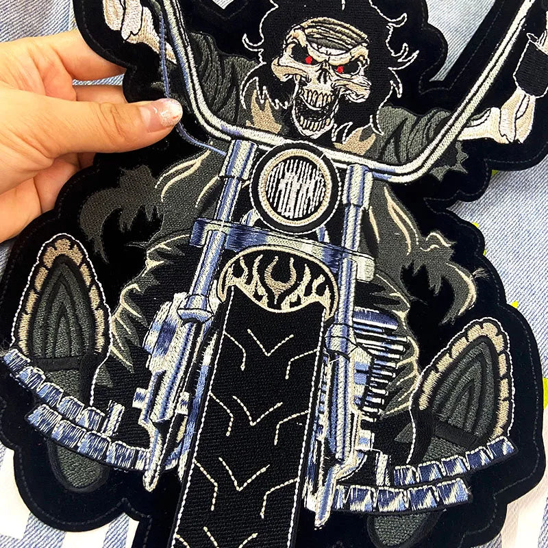 Skull Motorcycle Biker Patch Large Embroidery Patch Iron On Patches For Clothing Back Embroidered Patches On Clothes Jackets DIY