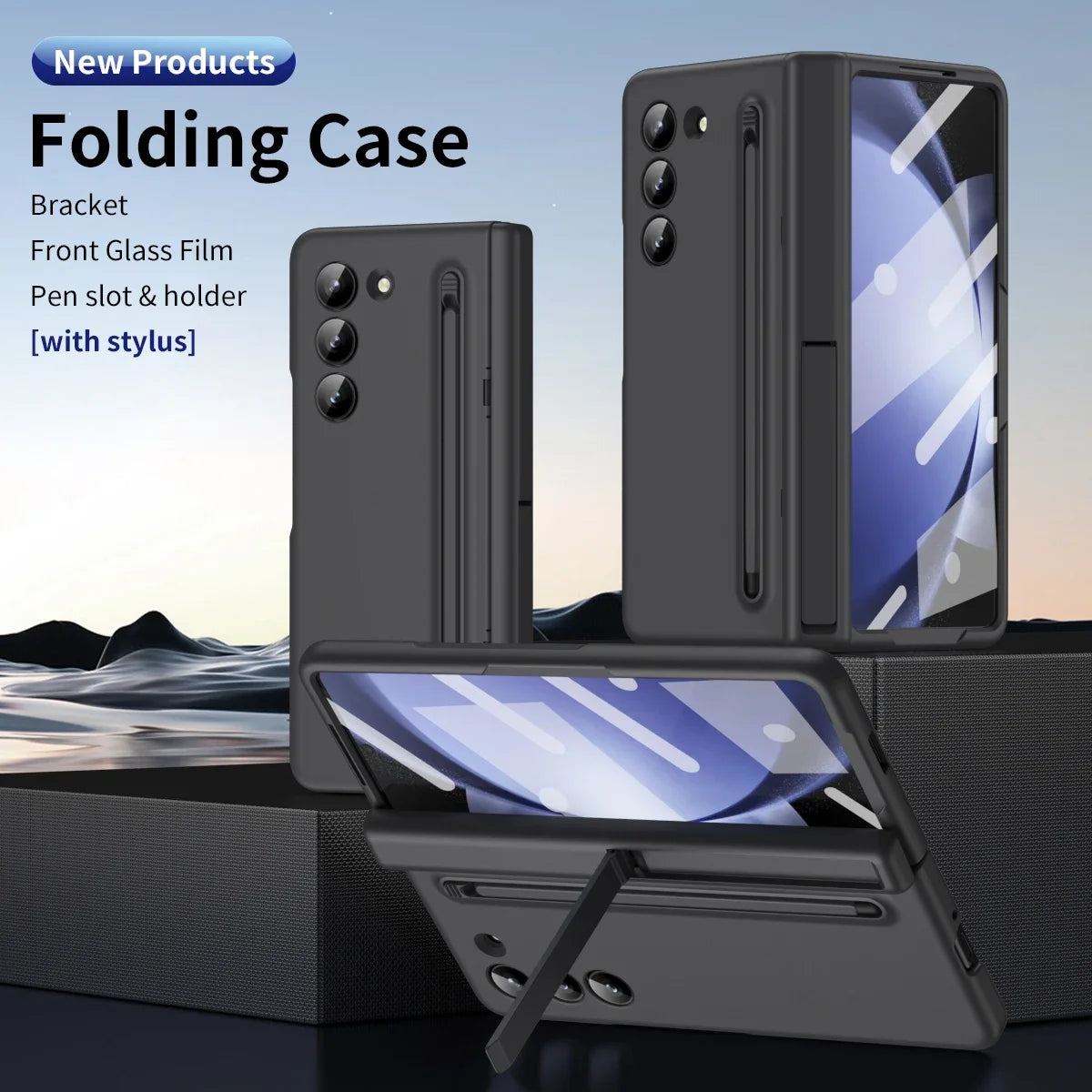 Pen Holder Slot Case for Samsung Galaxy Z Fold 6 5 4 3 Fold5 with Pen Bracket Front Glass Film Protection ZFold6 5G Luxury Cover