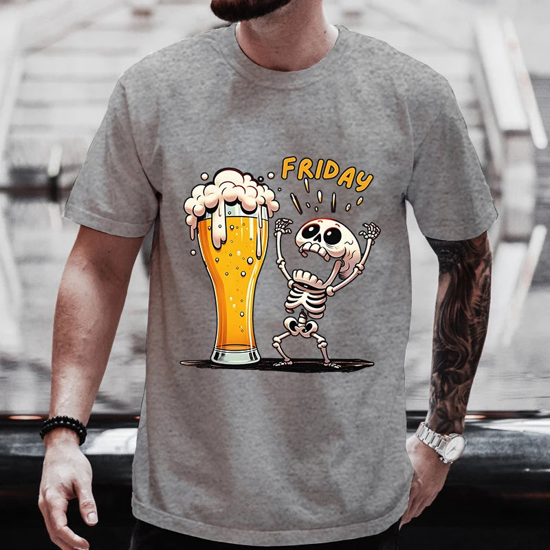 Men's T Shirt Skeleton Enjoying FRIDAY Beer Day Tees Men T-Shirt Finally Friday for Beer Lovers Male Clothes Short Sleeve Tops