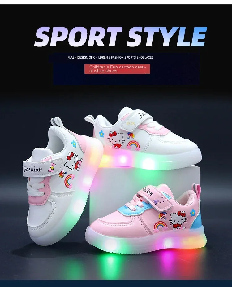 Sanrio LED Kids Shoes for Girls Cute Cartoon Hello Kitty Shoes Summer Girl Kawaii Shoes Soft Bottom Sneakers Casual Shoes